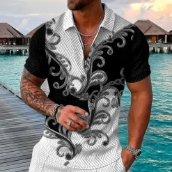 Discount OUKU Men's Baroque Zip Polo Shirts Golf Shirt Short Sleeve Polo Shirts Collared Shirts Vintage Casual Vacation Wear Party Outfits 3D Print Quarter Zip Polo Black / Gray Black Pink
