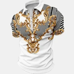 OUKU Men's Baroque Zip Polo Shirts Golf Shirt Short Sleeve Polo Shirts Collared Shirts Vintage Casual Vacation Wear Party Outfits 3D Print Quarter Zip Polo Black White Yellow