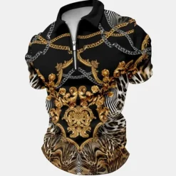 OUKU Men's Baroque Zip Polo Shirts Golf Shirt Short Sleeve Polo Shirts Collared Shirts Vintage Casual Vacation Wear Party Outfits 3D Print Quarter Zip Polo Black White Yellow