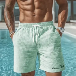 OUKU Men's Beach Letter Print Waffle Shorts Sweat Shorts Casual Shorts Mid Waist Fashion Casual Vacation Jogging Workout Elastic Drawstring Waist Shorts with Pockets Designer Clothing Apparel