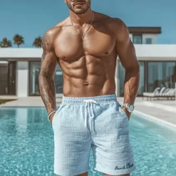OUKU Men's Beach Letter Print Waffle Shorts Sweat Shorts Casual Shorts Mid Waist Fashion Casual Vacation Jogging Workout Elastic Drawstring Waist Shorts with Pockets Designer Clothing Apparel