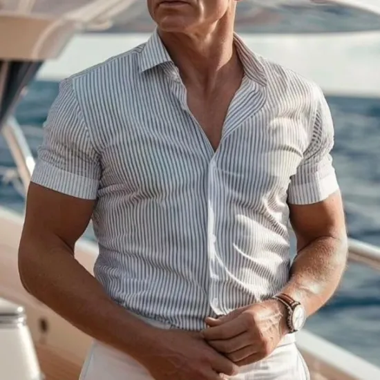 New OUKU Men's Beach Shirt Short Sleeve Stripes Lapel Vacation Clothing Apparel Fashion Casual Comfortable Light Grey