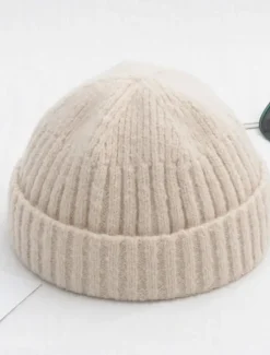Sale OUKU Men's Beanie Hat Fisherman Beanie Trawler Beanie Watch Cap Beanies Light Yellow Black Cotton Sports Travel Roll up Edge Outdoor Vacation Plain Windproof Warm