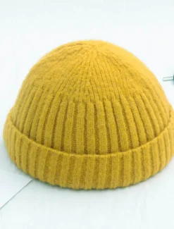 Sale OUKU Men's Beanie Hat Fisherman Beanie Trawler Beanie Watch Cap Beanies Light Yellow Black Cotton Sports Travel Roll up Edge Outdoor Vacation Plain Windproof Warm