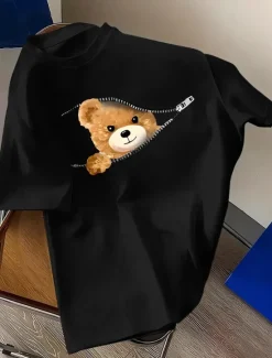 Outlet OUKU Men's Bear Funny T Shirt 100% Cotton Short Sleeve Graphic Shirt Heather Gray Black White Comfortable Tee Vacation Street Fashion Designer Clothing