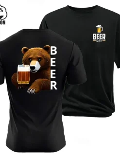 New OUKU Men's Bear Oktoberfest Beer T Shirt Tee Top 100% Cotton Short Sleeve Graphic Shirt Black White Comfortable Tee Street Sports Outdoor Fashion Designer Clothing