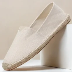 Clearance OUKU Men's Beige Canvas Espadrille Slip-On Shoes with Jute Rope Sole – Comfortable Summer Casual Footwear