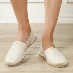 Clearance OUKU Men's Beige Canvas Espadrille Slip-On Shoes with Jute Rope Sole – Comfortable Summer Casual Footwear