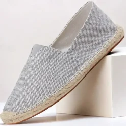 Clearance OUKU Men's Beige Canvas Espadrille Slip-On Shoes with Jute Rope Sole – Comfortable Summer Casual Footwear
