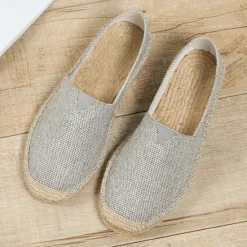 Clearance OUKU Men's Beige Canvas Espadrille Slip-On Shoes with Jute Rope Sole – Comfortable Summer Casual Footwear