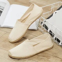 Clearance OUKU Men's Beige Canvas Espadrille Slip-On Shoes with Jute Rope Sole – Comfortable Summer Casual Footwear