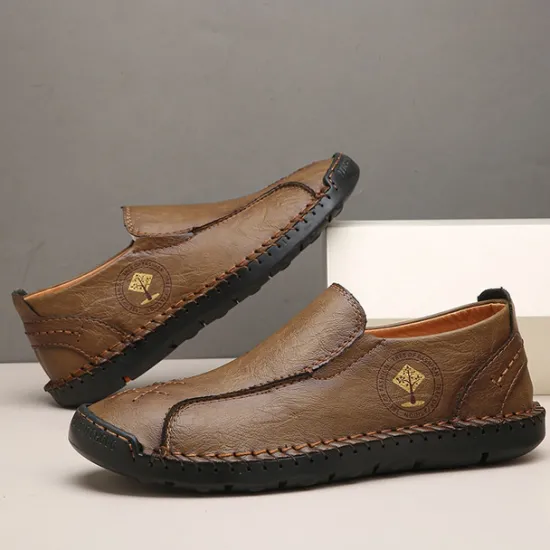 Outlet OUKU Men's Beige Genuine Faux Leather Moccasins – Handmade Stitching Casual Slip-On Driving Shoes for Outdoor & Trave