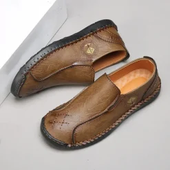 Outlet OUKU Men's Beige Genuine Faux Leather Moccasins – Handmade Stitching Casual Slip-On Driving Shoes for Outdoor & Trave