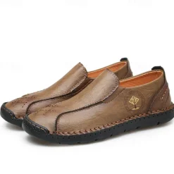 Outlet OUKU Men's Beige Genuine Faux Leather Moccasins – Handmade Stitching Casual Slip-On Driving Shoes for Outdoor & Trave