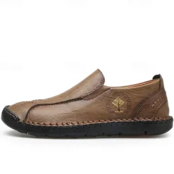 Outlet OUKU Men's Beige Genuine Faux Leather Moccasins – Handmade Stitching Casual Slip-On Driving Shoes for Outdoor & Trave
