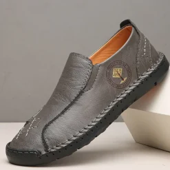 Outlet OUKU Men's Beige Genuine Faux Leather Moccasins – Handmade Stitching Casual Slip-On Driving Shoes for Outdoor & Trave