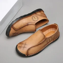 Outlet OUKU Men's Beige Genuine Faux Leather Moccasins – Handmade Stitching Casual Slip-On Driving Shoes for Outdoor & Trave