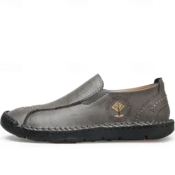 Outlet OUKU Men's Beige Genuine Faux Leather Moccasins – Handmade Stitching Casual Slip-On Driving Shoes for Outdoor & Trave