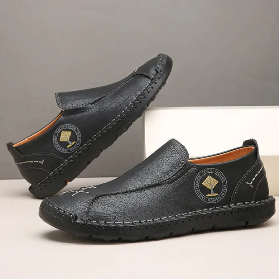 Outlet OUKU Men's Beige Genuine Faux Leather Moccasins – Handmade Stitching Casual Slip-On Driving Shoes for Outdoor & Trave