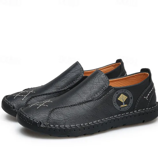 Outlet OUKU Men's Beige Genuine Faux Leather Moccasins – Handmade Stitching Casual Slip-On Driving Shoes for Outdoor & Trave