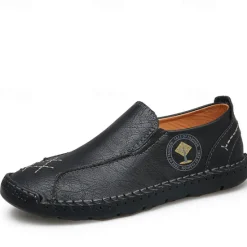 Outlet OUKU Men's Beige Genuine Faux Leather Moccasins – Handmade Stitching Casual Slip-On Driving Shoes for Outdoor & Trave