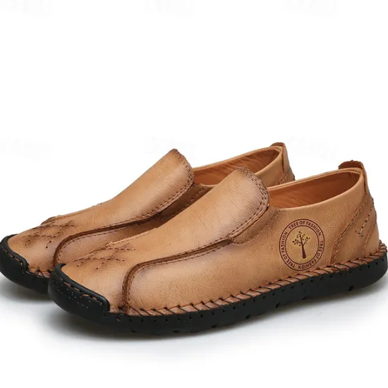 Outlet OUKU Men's Beige Genuine Faux Leather Moccasins – Handmade Stitching Casual Slip-On Driving Shoes for Outdoor & Trave