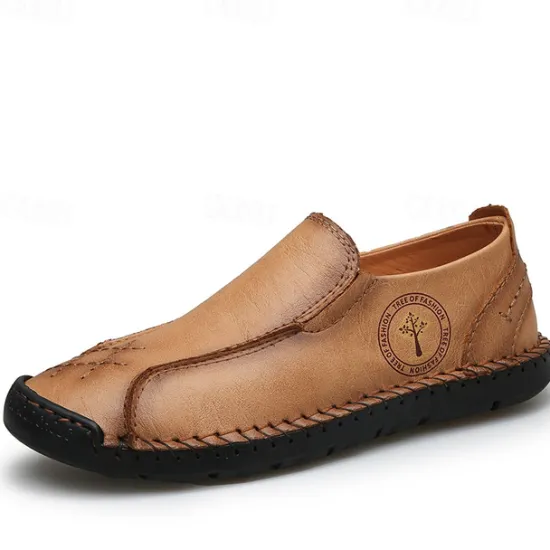 Outlet OUKU Men's Beige Genuine Faux Leather Moccasins – Handmade Stitching Casual Slip-On Driving Shoes for Outdoor & Trave