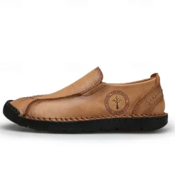 Outlet OUKU Men's Beige Genuine Faux Leather Moccasins – Handmade Stitching Casual Slip-On Driving Shoes for Outdoor & Trave