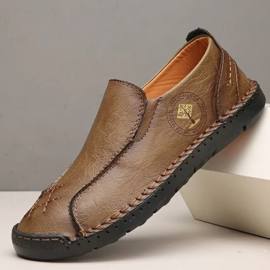 Outlet OUKU Men's Beige Genuine Faux Leather Moccasins – Handmade Stitching Casual Slip-On Driving Shoes for Outdoor & Trave