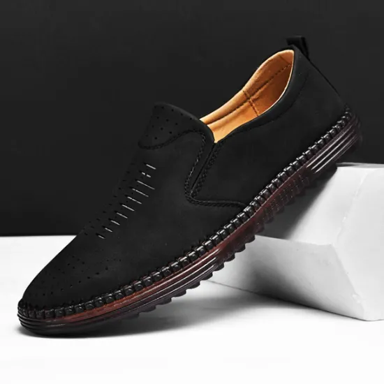 Hot OUKU Men's Beige Suede Slip-On Loafers – Handmade Casual Moccasin Shoes for Daily Wear