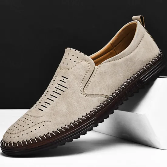 Hot OUKU Men's Beige Suede Slip-On Loafers – Handmade Casual Moccasin Shoes for Daily Wear