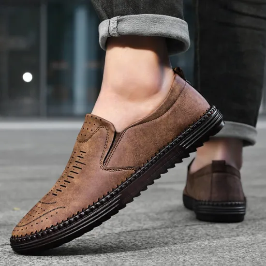Hot OUKU Men's Beige Suede Slip-On Loafers – Handmade Casual Moccasin Shoes for Daily Wear