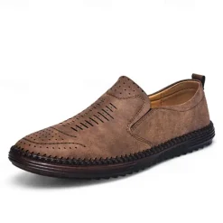 Hot OUKU Men's Beige Suede Slip-On Loafers – Handmade Casual Moccasin Shoes for Daily Wear