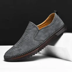 Hot OUKU Men's Beige Suede Slip-On Loafers – Handmade Casual Moccasin Shoes for Daily Wear