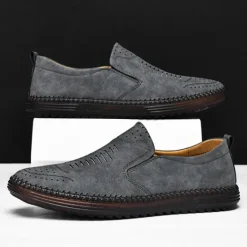 Hot OUKU Men's Beige Suede Slip-On Loafers – Handmade Casual Moccasin Shoes for Daily Wear