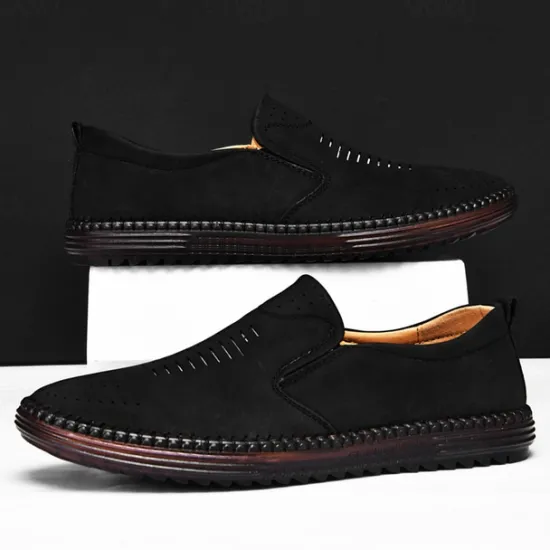 Hot OUKU Men's Beige Suede Slip-On Loafers – Handmade Casual Moccasin Shoes for Daily Wear