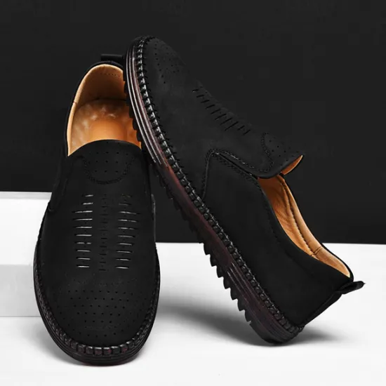 Hot OUKU Men's Beige Suede Slip-On Loafers – Handmade Casual Moccasin Shoes for Daily Wear