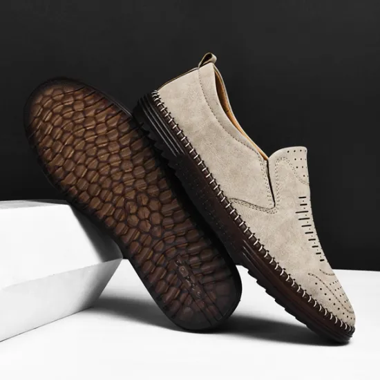 Hot OUKU Men's Beige Suede Slip-On Loafers – Handmade Casual Moccasin Shoes for Daily Wear