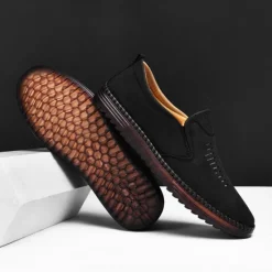 Hot OUKU Men's Beige Suede Slip-On Loafers – Handmade Casual Moccasin Shoes for Daily Wear