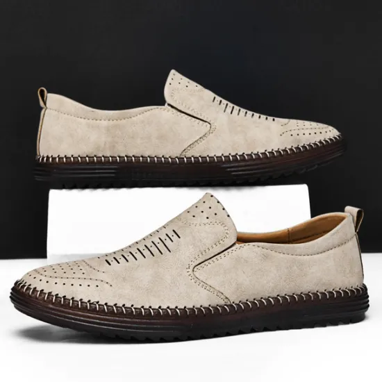 Hot OUKU Men's Beige Suede Slip-On Loafers – Handmade Casual Moccasin Shoes for Daily Wear