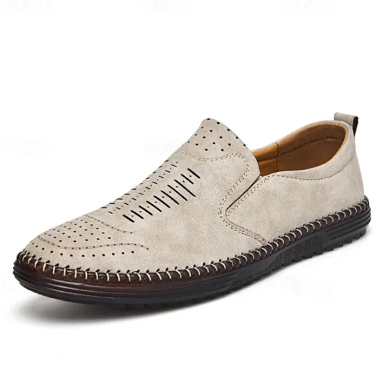 Hot OUKU Men's Beige Suede Slip-On Loafers – Handmade Casual Moccasin Shoes for Daily Wear