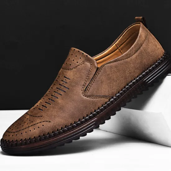 Hot OUKU Men's Beige Suede Slip-On Loafers – Handmade Casual Moccasin Shoes for Daily Wear