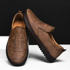 Hot OUKU Men's Beige Suede Slip-On Loafers – Handmade Casual Moccasin Shoes for Daily Wear