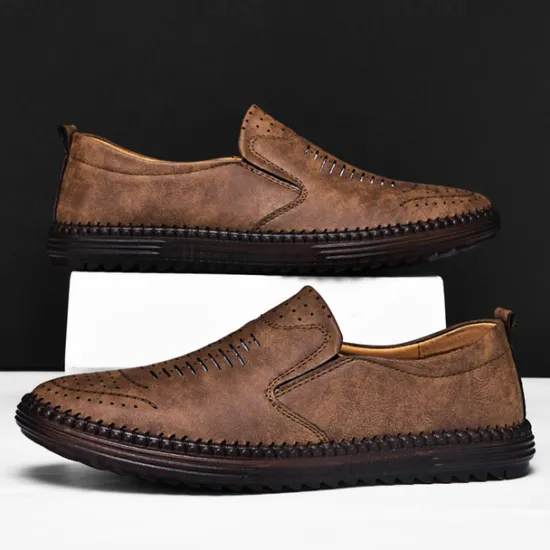 Hot OUKU Men's Beige Suede Slip-On Loafers – Handmade Casual Moccasin Shoes for Daily Wear