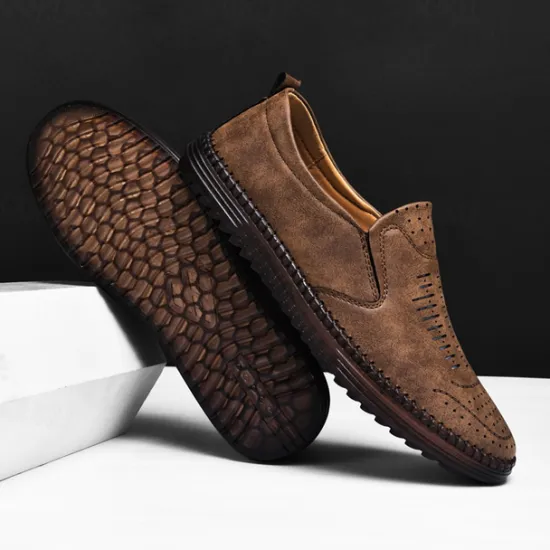 Hot OUKU Men's Beige Suede Slip-On Loafers – Handmade Casual Moccasin Shoes for Daily Wear