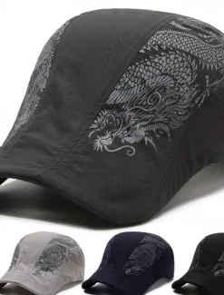Online OUKU Men's Beret Hat Sun Hat Trucker Hat Black Navy Blue Polyester Fashion Casual Street Daily Dragon Adjustable Sunscreen Breathable