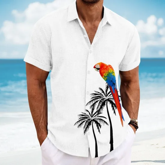 Clearance OUKU Men's Bird Coconut Tree Parrot Casual Shirt Summer Hawaiian Shirt Button Up Shirt Short Sleeve Hawaiian Resort Vacation Holiday Beach Wear Summer Spring Turndown 3D Print Collared Shirts White Blue