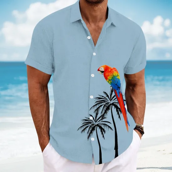 Clearance OUKU Men's Bird Coconut Tree Parrot Casual Shirt Summer Hawaiian Shirt Button Up Shirt Short Sleeve Hawaiian Resort Vacation Holiday Beach Wear Summer Spring Turndown 3D Print Collared Shirts White Blue