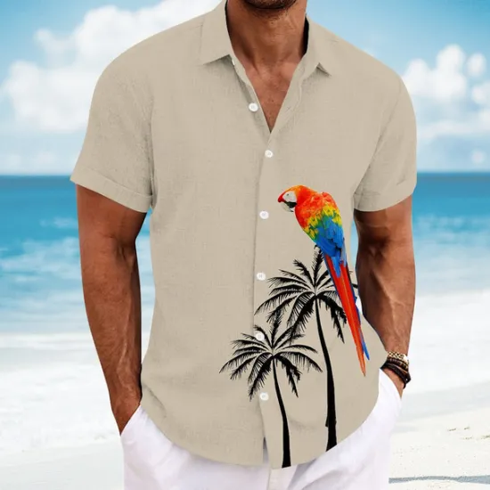 Clearance OUKU Men's Bird Coconut Tree Parrot Casual Shirt Summer Hawaiian Shirt Button Up Shirt Short Sleeve Hawaiian Resort Vacation Holiday Beach Wear Summer Spring Turndown 3D Print Collared Shirts White Blue