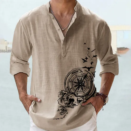Clearance OUKU Men's Bird Nautical Vintage Shirt Button Up Shirt Long Sleeve Vintage Fashion Streetwear Casual Going out Summer Spring Fall Stand Collar Print Black Pink Orange Green Khaki